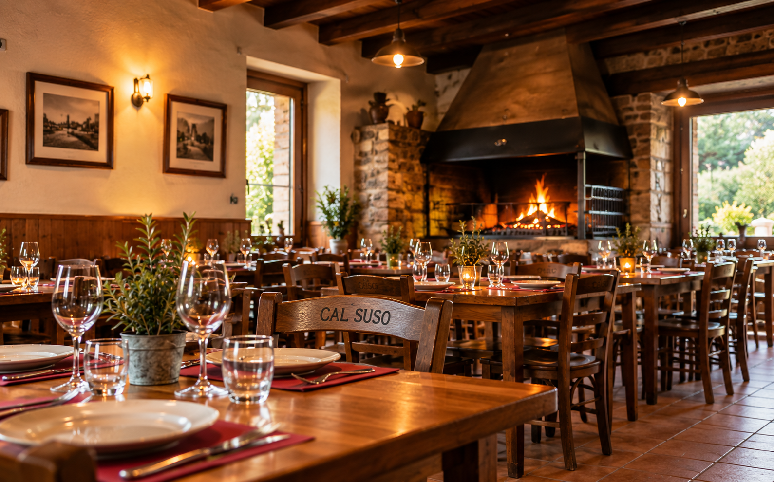 El comedor de Cal Suso con la chimenea encendida